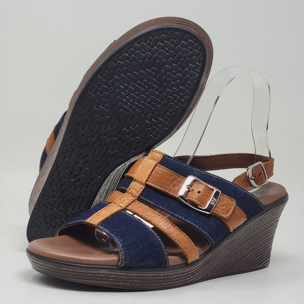 SAS Layla Wedge Sandal Blue Jean Fabric Women's Size 8.5 Medium Pre-owned